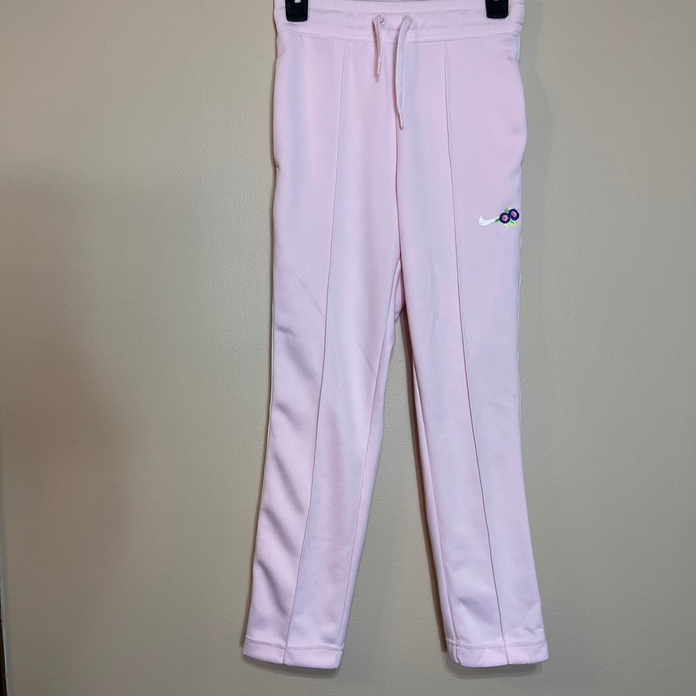 Nike‎ Women Pink Floral Embroidered Swoosh Track Pants XS Cropped Activewear